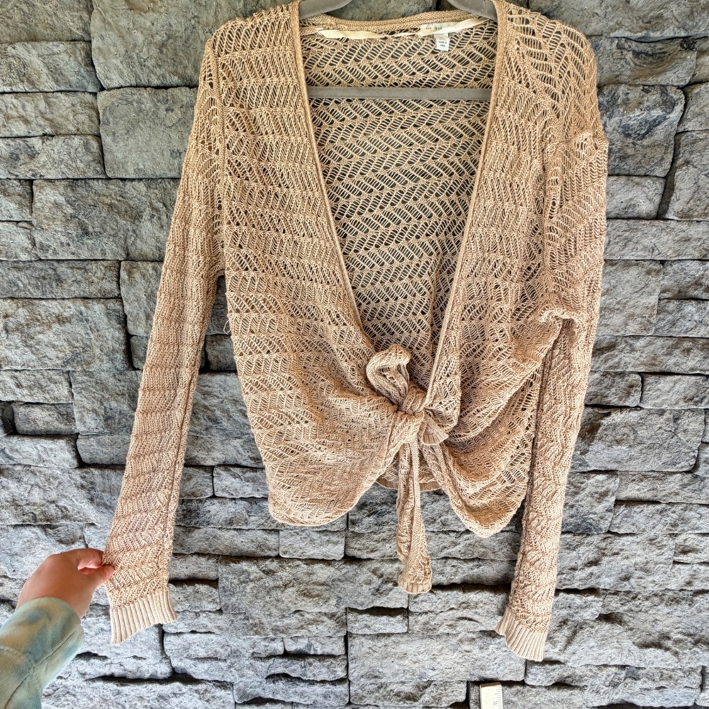 EST 1946 Tie Front Cardigan Sweater Women XL Tan Open Knit Crochet Cottagecore